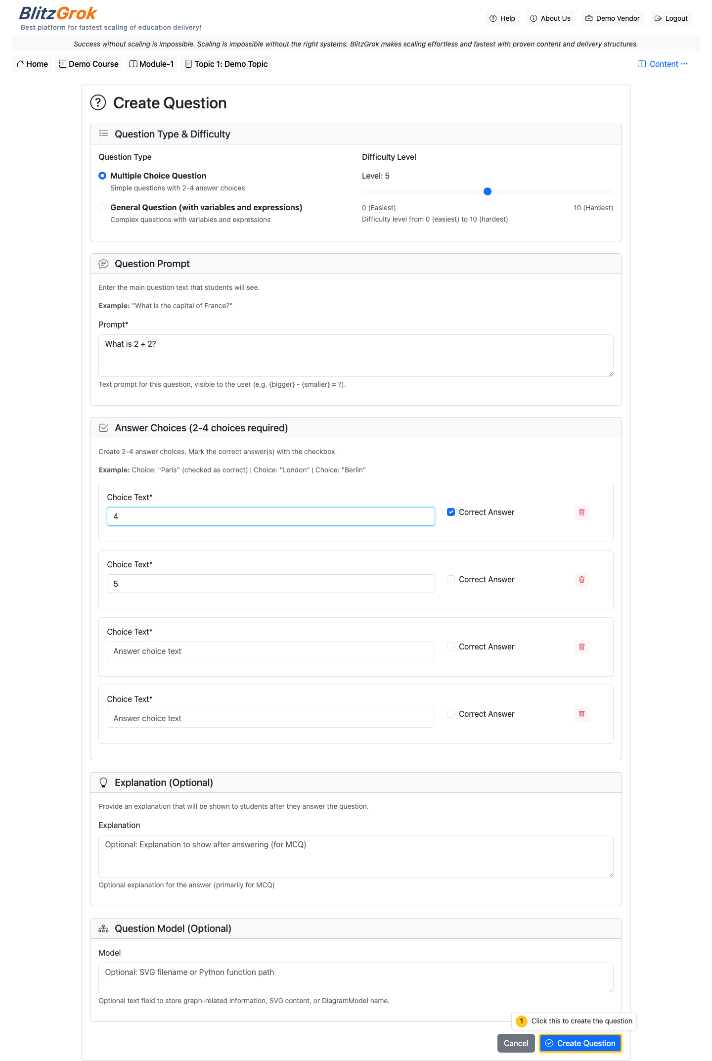 Multiple choice question create form